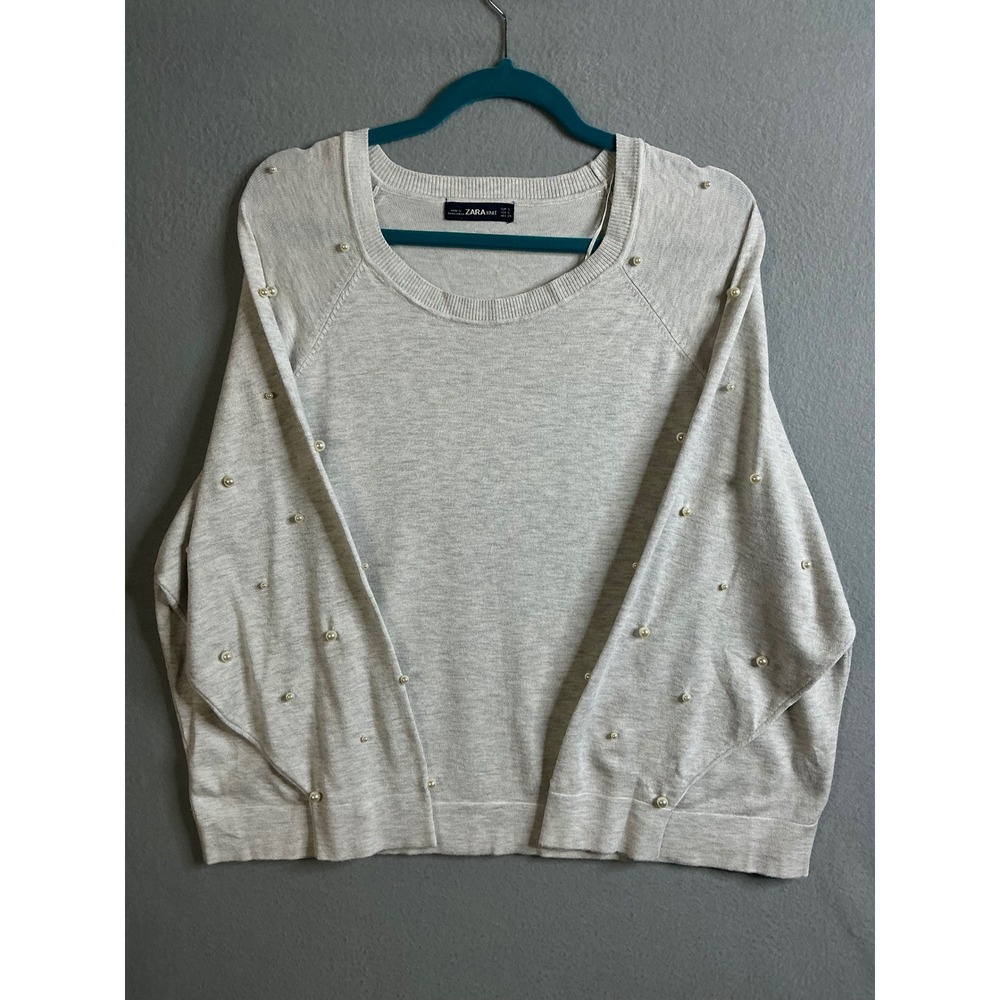 Zara‎ Sweater Women's Small Knit Pearl Embellished Crew Neck Long Sleeve